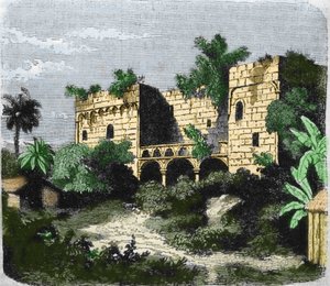 克里斯托弗·哥伦布 (Christopher Columbus) 为他的儿子迭戈·哥伦布 (Diego Colon y Moniz)（1480-1526 年）在圣多明各岛上建造的房子“阿尔卡萨德科隆”的视图。 19 世纪的雕刻。 作者 未知艺术家