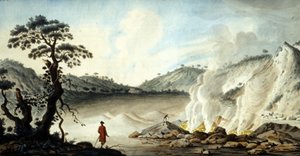 Solfatare的景色，火山地形散发着热烟和硫磺气体。那不勒斯附近的Pozzuoli。19世纪。 作者 未知艺术家