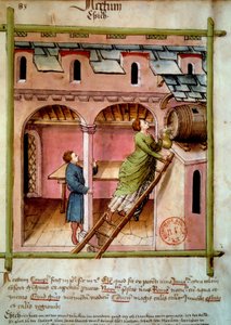 醋：一个年轻女子装满一壶。 来自医学和营养学“Tacuinum sanitatis”的挤奶照明 作者 未知艺术家