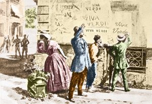Viva Verdi: Enthusiastic inscriptions for Giuseppe Verdi in Naples (kingdom of the two sicilies) under the Austrian occupation in 1859, following the ban on his opera “Un Ballo in maschera” (V.E.R.D.I. (VERDI) = Vittorio Emanuele Re d