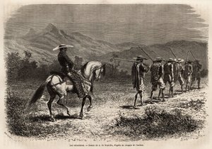 Volunteers on their way to Cali, a long line of men with their hands tied behind their back, connected by a rope to each other, a rope held by a soldier on horseback, who takes them to a military training camp. Engraving to illustrate the voyage to New Gra 作者 未知艺术家