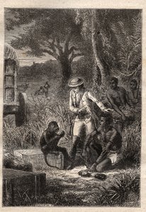Francois Levaillant (Le Vaillant) (1753-1824)的《南非之旅》（1781）。Levaillant和他的猴子食客Maitre Kees，后者品尝水果和根茎以验证它们是否可以食用--插图来自《Les Gra》。 作者 未知艺术家