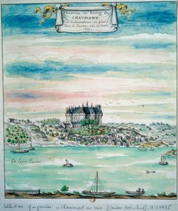 卢瓦尔河畔肖蒙城堡 (Chaumont sur Loire) 是法国中部卢瓦尔河畔卢瓦尔河 (Loir-et-Cher) 的一座城堡。 1699 年巴黎的匿名水彩画，B.N. 作者 未知艺术家