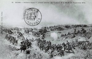 1870 年战争：巴伐利亚大炮于 1870 年 1 月 9 日从阿登的马尔夫高地占据阵地。 1870 年的雕刻 作者 未知艺术家
