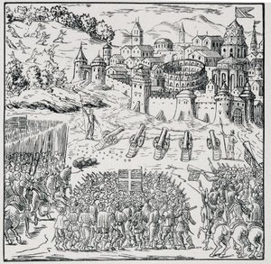 宗教战争。1576年被国王（亨利三世）的军队围困的尼姆城--载于《1562年至1586年法国灾难的39幅图集》，路易-佩兰印刷厂。 作者 未知艺术家