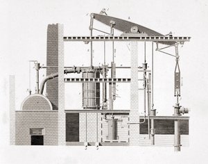 瓦特蒸汽机。 架构。 19 世纪雕刻 作者 未知艺术家