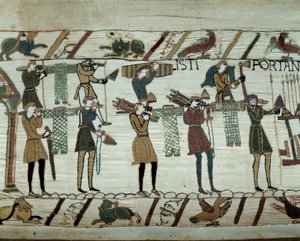 1066 年，征服者威廉 (1027-1087) 的舰队在为征服英格兰加油期间将武器和葡萄酒带到船上 贝叶挂毯的细节或玛蒂尔德女王的刺绣 作者 未知艺术家