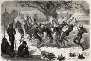 贝克和他的妻子从阿尔伯特湖(Albert Nyanza)返回时，部落妇女的欢迎舞蹈。塞缪尔-怀特-贝克爵士1861-1864年在阿尔伯特湖的航行的插图，载于《世界之旅，新航行日志》。 作者 未知艺术家