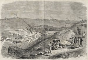 1864 年在苏伊士运河上的工作 - 1864 年在苏伊士运河上的建筑工地和钻探工作 (Chaluf Tranchee) - 作者 未知艺术家