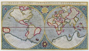 墨卡托的世界地图（1587年）--根据 "Gerardi Mercatoris Atlas sive Cosmographicae meditationes de fabrica mundi et fabricati figura"，阿姆斯特丹。 作者 未知艺术家