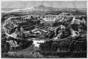 拿破仑三世于1860年提供并落成的布洛涅森林适应性花园全景，结合了自然、茂盛的植物和异国动物，在 "辉煌的世界"。 作者 未知艺术家