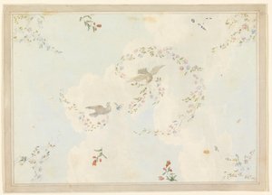 素描，带有鸽子和花环的天花板设计，可能用于入口大厅，1815-22 年 作者 未知艺术家