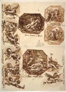 绘画《丘比特与赛琪》：丘比特的四个八角形和八幅素描，1810-15 年 作者 未知艺术家