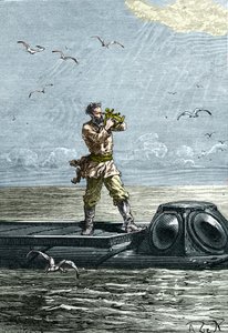 海底 20,000 个联赛。 “鹦鹉螺”号潜艇上的尼摩船长。 儒勒·凡尔纳 (Jules Verne) 小说《海底二万里格》中的插图 (二万 - 20,000 - 20000)
