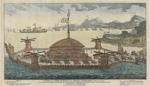 1798 年 2 月在圣马洛斯看到的法国木筏。该船长 600 英尺，宽 300 英尺，装有 500 门大炮、36 和 48 磅炮，将运送 15,000 名士兵入侵英格兰。 作者 未知艺术家