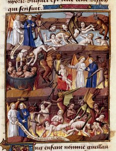 一个名叫纪尧姆的孩子在文森特·德·博韦（Vincent de Beauvais，1190-1264 年）的“Le miroir historial”（Speculum Historiale）（ms. 1196 fol. 408 r.）中观察 Enfer Miniature 中诅咒的折磨，Jean de 翻译成法语 维尼亚 作者 未知艺术家