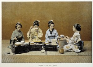 日本的一间餐厅：女性用筷子吃米饭，其中一人端茶 - 日期不详。 19世纪末 作者 未知艺术家