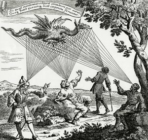 一条从不同视角看到的龙，基于 Zahn 的“人工眼眼”的铜版画。 作者 未知艺术家