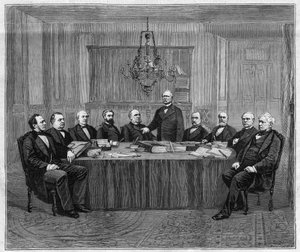 部长会议在凡尔赛举行的会议。从左到右。路易-巴菲特（1818-1898），内政大臣；莱昂-萨伊（1826-1896），财政大臣；亨利-瓦隆（1812-1904），公共教育、宗教和美术大臣；阿尔弗雷德-巴菲特（Alfred 作者 未知艺术家