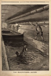 一个来自巴黎的 segutter 因清理一个尖牙的派生而被淹死。 雕刻在“”Le petit journal”” 15/9/1899。 塞尔瓦收藏。 作者 未知艺术家