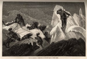 一辆雪橇和他的船员迷失在 Hummocks 中，这些被撕裂的冰块使冰袋表面充满活力。 美国海军外科医生海耶斯博士于 1860 年至 1862 年间为说明前往北极自由海航行的版画，发表于“ 作者 Unknown artist