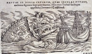 鲸鱼与岛屿混淆。 两个人在一个海洋怪物的背上生火。 Conrad Gesner (1516-1565)，提古里雕刻 n Historia Animalium 作者 未知艺术家