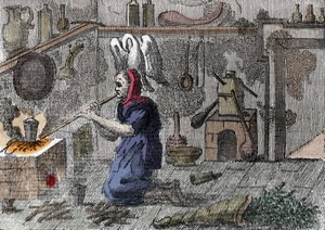 实验室里的女巫正在准备魔药，右边是一只装满魔药的角。 16 世纪的雕刻 作者 未知艺术家