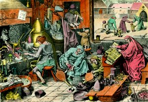 炼金术实验室 炼金术士咨询魔法书。 16 世纪私人收藏的雕刻 作者 未知艺术家
