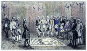 巴黎的一个学徒小屋，大约 1740 年：这个场景描绘了一个“学徒”共济会的接待（地板上的学徒小屋的画） - 根据时间的雕刻。 作者 未知艺术家