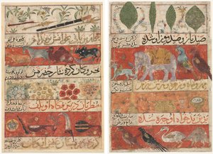 动物、宝石、钱币和乐器（正面）；动物、鸟类和植物（背面）选自 Muhammad Ibn Badr al-Din Jajarmi（1340 年代活跃）的 Mu