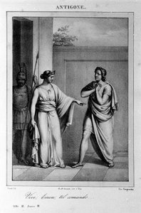 安提戈涅第一幕，第 3 场。意大利悲剧，由维托里奥·阿尔菲里 (Vittorio Alfieri) 于 1783 年根据希腊神话写成。 18 世纪的雕刻。 作者 未知艺术家