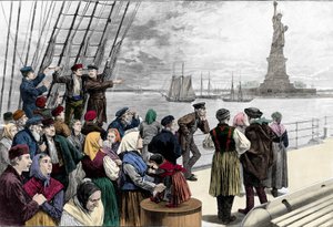 Arriving families of emigrants in the port of New York, the statue of freedom is visible. Engraving from “” Harper