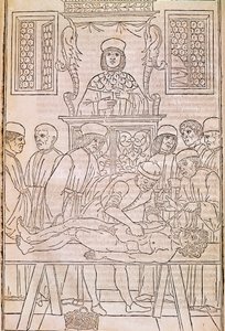 尸检。 代码。 一名死者的尸体被医生解剖以进行解剖学研究。 “”Fascicula Medicinae”。Johannes Kethan 医生分册的手抄本 作者 未知艺术家