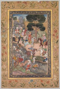 巴布尔在科希克河会见阿里-米尔扎苏丹，摘自 Babur-nama（《巴布尔回忆录》）。 作者 未知艺术家
