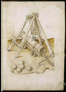 Ball gun and elevator - Manuscript: parchment sheet of an engineer