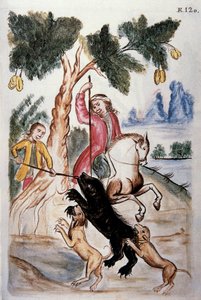 猎熊，摘自特鲁希略主教巴尔塔萨-马丁内斯-孔帕尼翁（Baltazar Martinez Compañón y Bujanda）的《秘鲁特鲁希略》或《Códice Martinez Compañón》一书（1782-1785）。 作者 未知艺术家