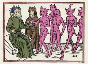 贝利亚的审判。"贝利亚恶魔在其他四个恶魔的陪同下出现在所罗门法官面前" "雕刻自雅各布-德-泰拉莫（或帕拉迪诺）的《贝利亚审判》，奥斯堡 作者 Unknown artist