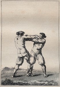 布列塔尼的摔跤手，载于雅克-坎布里（1749-1807）的《1794年和1795年在菲尼斯特的旅行或该省的状态》中的雕刻。 作者 未知艺术家