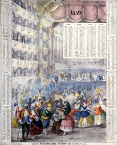 1859 年的日历，代表 1859 年在斯卡拉歌剧院举行的狂欢节之夜。 作者 未知艺术家
