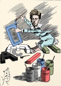描绘诗人阿瑟-兰波（1854-1891）用绘画覆盖字母的漫画。来自 "今日之人 "的雕版画 作者 未知艺术家