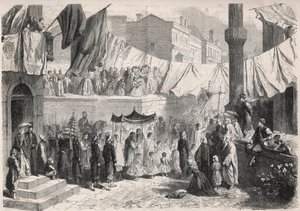 君士坦丁堡街道上的天主教徒在Fete Dieu(Fete-Dieu)之际的游行 - "插图世界 "中的版画 作者 未知艺术家