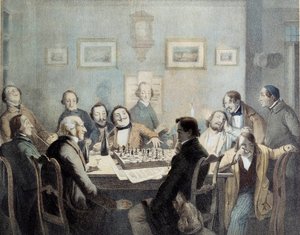 19 世纪的棋手石版画。 作者 未知艺术家