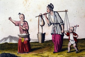 中国。 一个提水的女人带着两个孩子，大一个提着一篮米。 19 世纪的版画。 作者 未知艺术家