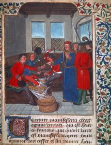 中世纪的硬币铸造。 Nicolas Oresme (1320-1382) 草稿的缩影。 15 世纪 B.N. 巴黎 作者 未知艺术家