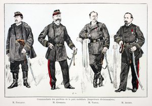 Commanders of the mobilized peacekeepers (divisional inspectors), from left to right: Mr.Foucault, Mr.Giobergia, Mr.Vassal, Mr.Archer. Eau forte en couleurs, pour illustration “” Histoire du corps des gardiens de la paix””” book published under the auspice 作者 未知艺术家