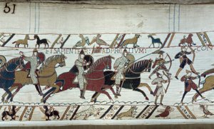 1066年诺曼底公爵威廉-征服者（1027-1087）对英格兰的征服：黑斯廷斯战役的开始 贝叶挂毯或玛蒂尔德女王刺绣的细节 作者 未知艺术家