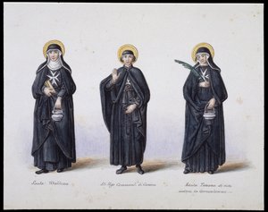服装：1. Santa Ubaldesca, 2. St Ugo Commendant of Genoa, 3. Santa Toscana di vita。 标准差。 19 世纪。 作者 未知艺术家