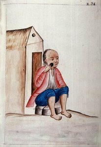 秘鲁的日常生活和习俗：““印度在他家门口刮胡须”“水彩画，取自特鲁希略主教巴尔塔萨·马丁内斯·康帕农·巴扬达（Baltasar Martinez Companon y Bajanda，1782-1785 年）所著的“秘鲁特鲁希略”一书。 18世纪马德里。 皇家图书馆 作者 未知艺术家