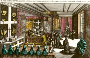 国王路易十四之死：路易十四（1638-1715）的太平间，被称为太阳王，于 1715 年 1 月 9 日移居凡尔赛宫。 雕刻 18 世纪私人收藏 作者 未知艺术家