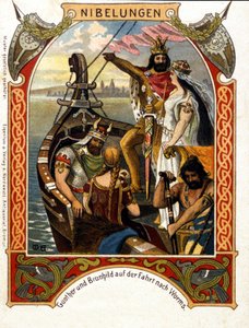 Die Nibelungen，歌剧，由海因里希·多恩（Heinrich Dorn，1804-1892）于 1854 年创作，德国指挥家和作曲家。 19 世纪的彩色石版画。 作者 未知艺术家